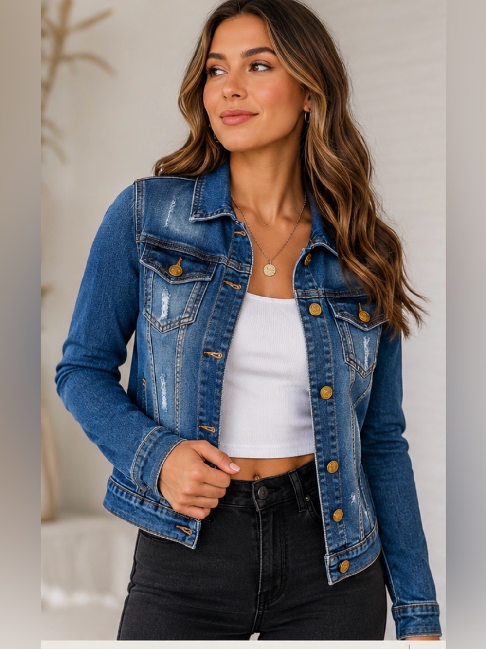 Ben Din Distressed Denim Jacket NWT Medium Gold Button Stretch Jean Jacket